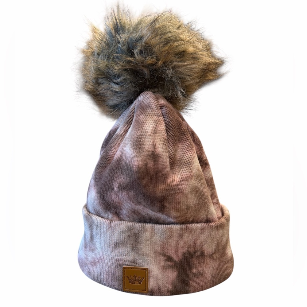 Panache Beanie Blush Taupe Mocha Tie Die Winter Hat Faux Fur Pom Pom Stretchy - Picture 2 of 7